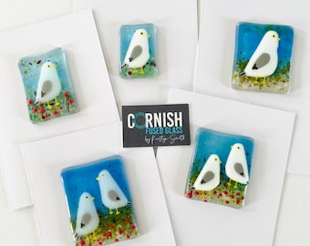 Fused Glass Art - Seagull mini art tile Card, fused glass funny seagull picture, cornish fused glass, Fused Glass Cornwall