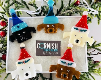 Fused Glass Dog Christmas decoration -Fused Glass Christmas Ornament, dog decoration, santa hat decoration, Cornish fused glass