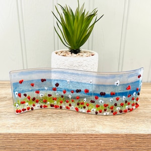 Fused Glass Cornish poppy coastal wave, Cornish fused glass, fused glass cornwall