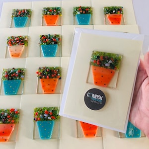 Arte de flores de vidrio fundido gracias tarjeta de felicitación - imagen de maceta de flores de vidrio fundido, vidrio fundido de Cornualles, vidrio fundido Cornwall