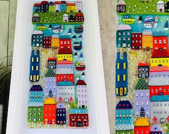 Fused Glass Fowey in Cornwall seaside harbour town framed coastal art, Cornish fused glass, fused glass cornwall