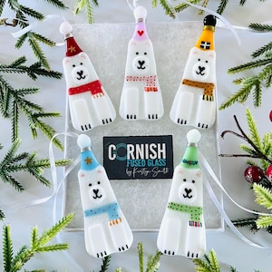 フュージングガラスのかわいいシロクマのクリスマスツリー飾り、クリスマス飾り、フュージングガラスのオーナメント、フュージングガラスのコーンウォール 画像 6