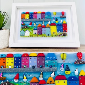 Fused Glass Cornish seaside harbour and houses art coastal art, fused glass art, cornish fused glass, Fused Glass Cornwall
