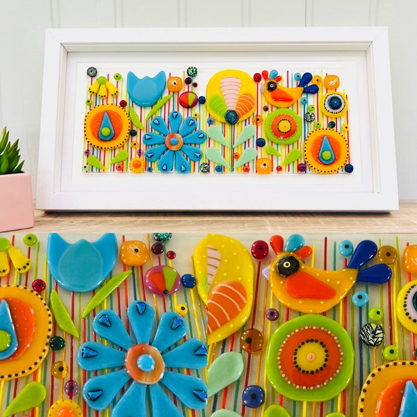 Fused Glass fun flowers and bird framed art - fused glass, Cornish fused glass, Fused Glass Cornwall
