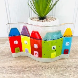 Fused Glass niedliche bunte häuser geschmolzene glas welle, cornish geschmolzenes glas, kornisches glas cornland