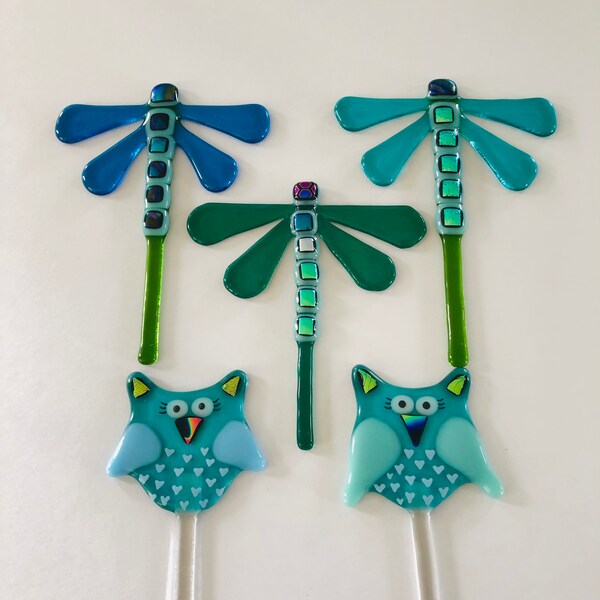 Fused Glass dragonfly plant pot stake decoration - Owl garden decoration, cornish fused glass, fused glass Cornwall