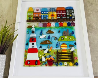 Fused Glass Cornish seaside harbour town framed coastal art, Cornish fused glass, fused glass cornwall