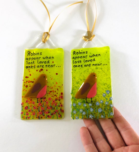 memorial gift Robins appear when lost love ones are near fused glass freestanding wave fused glass robin Cornish fused glass