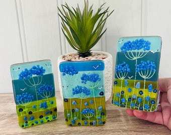Fused Glass agapanthus and poppies Wild Flower Candle Holders, Cornish Fused Glass, Fused Glass Cornwall
