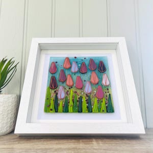 Fused Glass Spring Tulip Flowers Framed Art, Spring tulips art, cornish fused glass, fused glass flowers