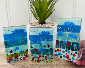 Fused Glass agapanthus and poppies Wild Flower Candle Holders, Cornish Fused Glass, Fused Glass Cornwall