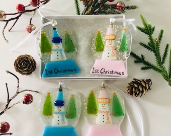 Decoração de Natal em Vidro Fundido - Primeiro Natal do Bebê: Lindo Globo de Neve com Boneco de Neve, Vidro Fundido da Cornualha