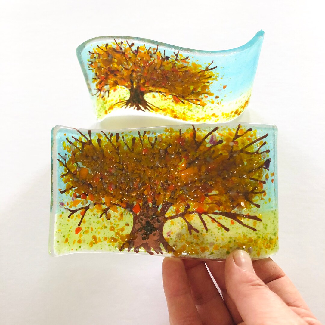 Sale Fused Glass Autumn Tree Mini Wave Freestanding Art Cornish Fused