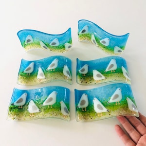 Fused glass, fused glass seagull wave, fun seagull art, coastal creations, Cornish fused glass art