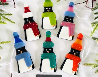 溶融ガラスのペンギンのクリスマスツリー飾り、クリスマス飾り、ペンギンのクリスマス飾り、ホームデコレーション、クリスマス