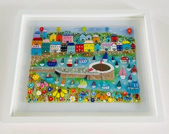 Reserved - Fused Glass Banjo pier looe Cornish seaside harbour town framed coastal art, Cornish fused glass, fused glass cornwall