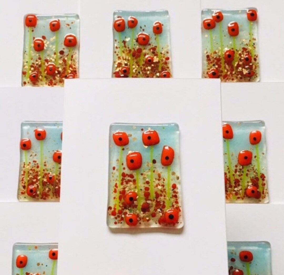 Fused Glass Art - Greetings Card - Red Poppy Flowers Picture, Cornish ...