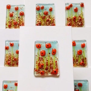 Fused Glass Art - Greetings Card - red poppy flowers picture, cornish fused glass
