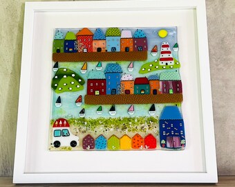 Fused Glass Cornish seaside harbour town framed coastal art, Cornish fused glass, fused glass cornwall