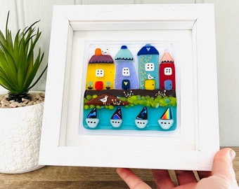 Fused Glass- Cornish seaside harbour and houses art, poldark, coastal art, fused glass art, cornish fused glass, Fused Glass Cornwall