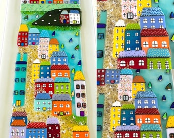 RESERVED for Gillian- Fused Glass Cornish seaside harbour town framed coastal art, Cornish fused glass, fused glass cornwall