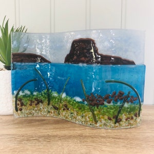 Fused glass Cornish coast freestanding wave, fused glass art, Cornish fused glass