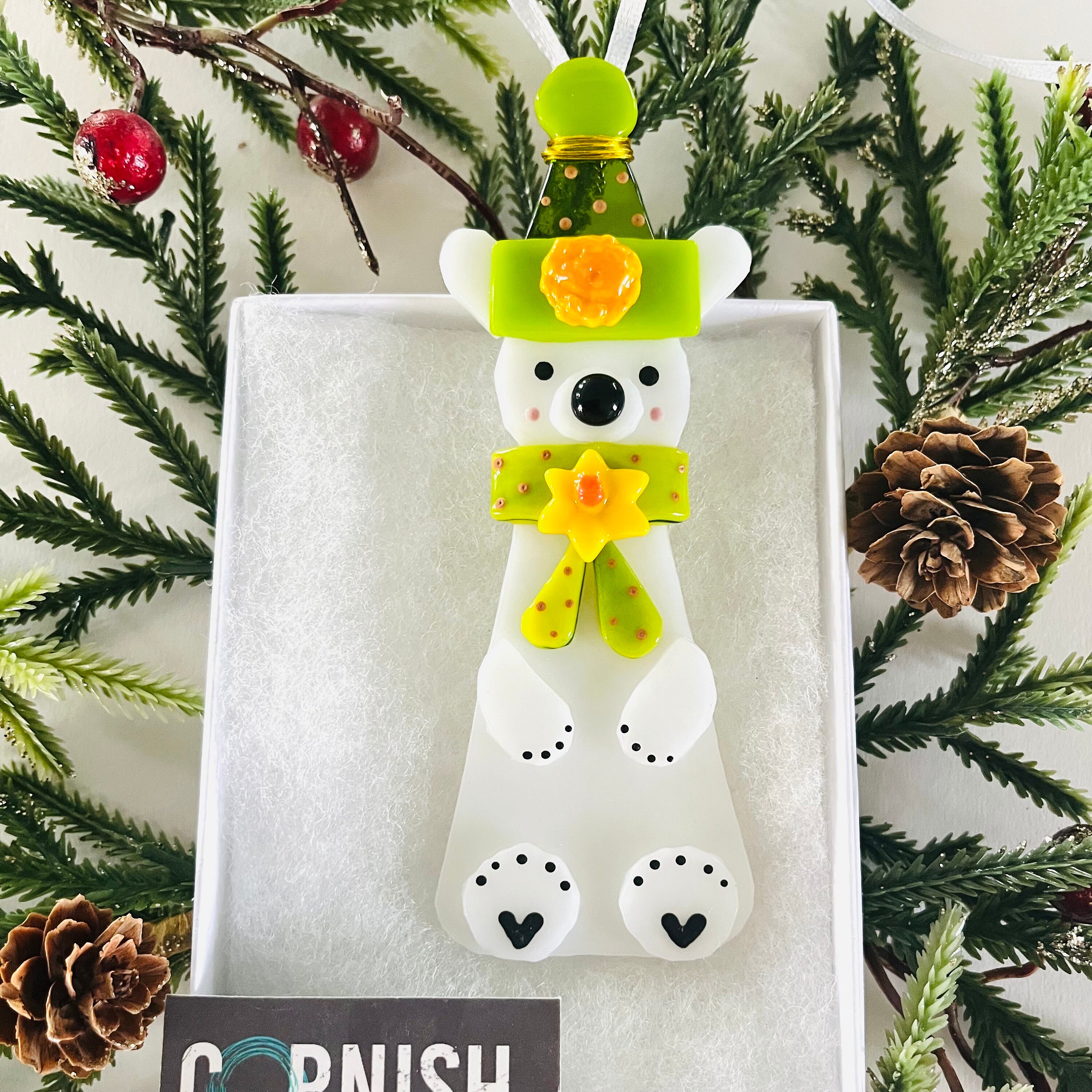 Fused Glass polar bear decoration, Christmas decoration, Fused Glass Ornament, Fused Glass Cornwall, Cornish fused glass