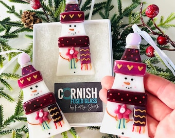 Enfeite de Natal em forma de boneco de neve feito em vidro fundido - Decoração natalina em vidro fundido, decoração de boneco de neve, vidro fundido da Cornualha
