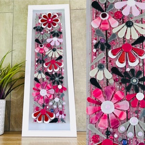 Fused Glass pink and grey flowers wall art, Cornish Fused Glass, Fused Glass Cornwall