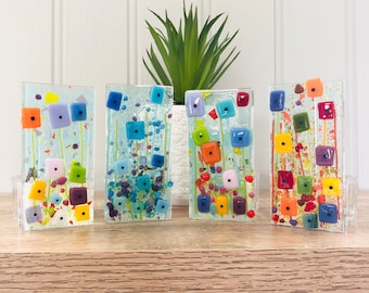 Fused Glass Art -  Wild Flower Candle Holders, Cornish Fused Glass, Fused Glass Cornwall