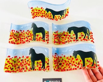 Fused Glass Horse freestanding Ornament with Poppy Meadow Art, Cornish Handmade