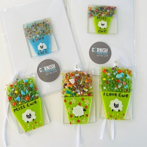 Fused Glass Sheep Art Greetings Card - fused glass flower pot picture, cornish fused glass