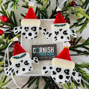 May include: Four handmade glass ornaments shaped like Dalmatian dogs wearing Santa hats. The ornaments are white with black spots and have red and white Santa hats with green holly accents. The ornaments are labeled "Cornish Fused Glass by Kirsty Smith".