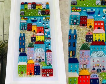 Fused Glass Fowey in Cornwall seaside harbour town framed coastal art, Cornish fused glass, fused glass cornwall