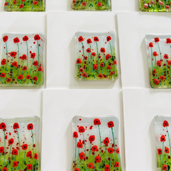 Fused Glass mini Art - Greetings Card - red poppy flowers picture, cornish fused glass, Fused Glass Cornwall