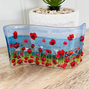 Fused Glass Cornish poppy inspired coastal floral wave, Cornish fused glass, fused glass cornwall