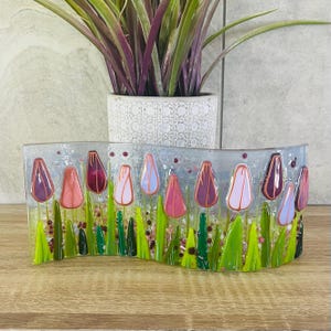 Fused Glass beautiful tulip flowers freestanding  wave, Cornish fused glass, fused glass cornwall