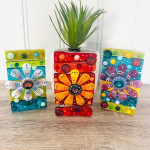 Beautiful Fused Glass Floral Art Candle Holder, Retro inspired flower art, Cornish Fused Glass, Fused Glass Cornwall