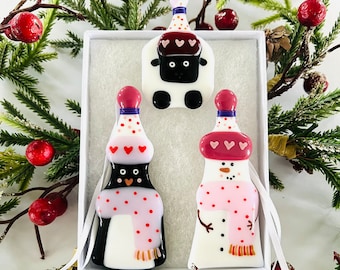 Fused Glass Pink Christmas decoration box set, Fused Glass penguin, sheep, snowman decoration, cornish fused glass,  fused glass cornwall