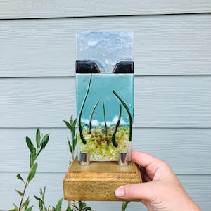 Fused glass Cornish coast freestanding panel, fused glass art, Cornish fused glass