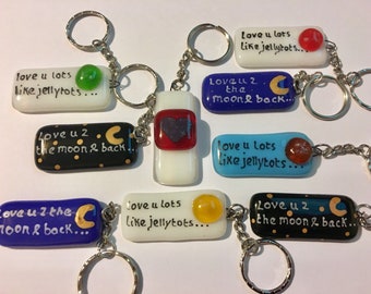 Fused glass, wedding favours, love you lots like jelly tots, love you to the moon and back keyring, cornish fused glass