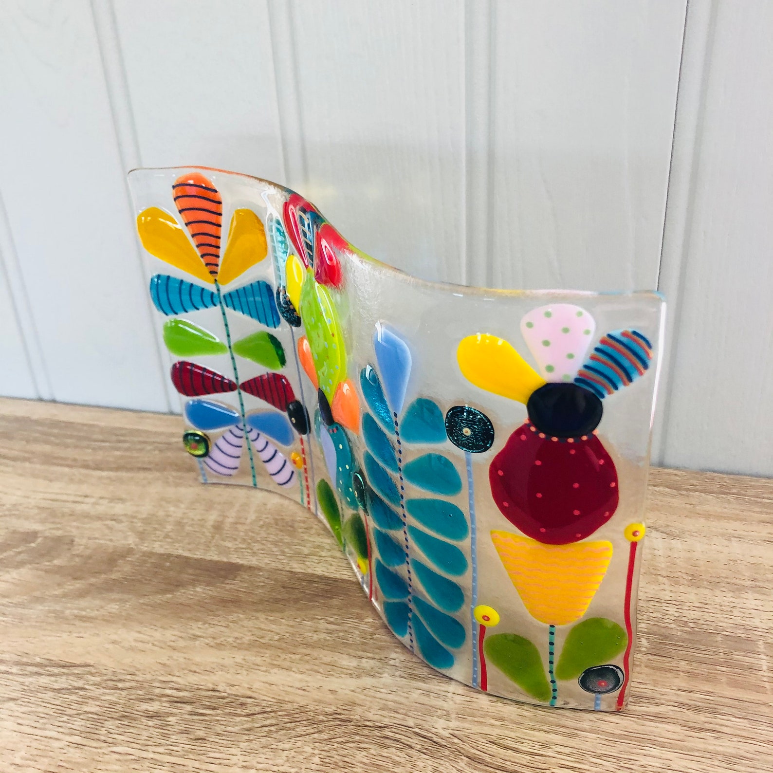 Fused Glass Art Fused Glass Retro Flowers Freestanding Wave Etsy UK