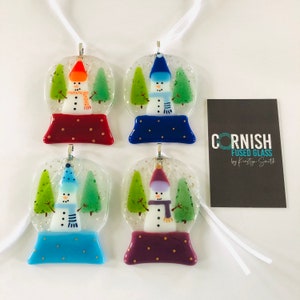 Fused Glass Snowman snow globe Christmas Decoration, Christmas decorations, snowglobes, Cornish fused glass