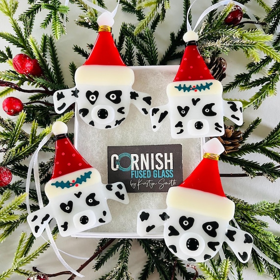 Dalmation Dog fused glass Christmas decoration - Fused Glass Christmas Ornament, dog decoration, santa hat decoration, Cornish Fused Glass
