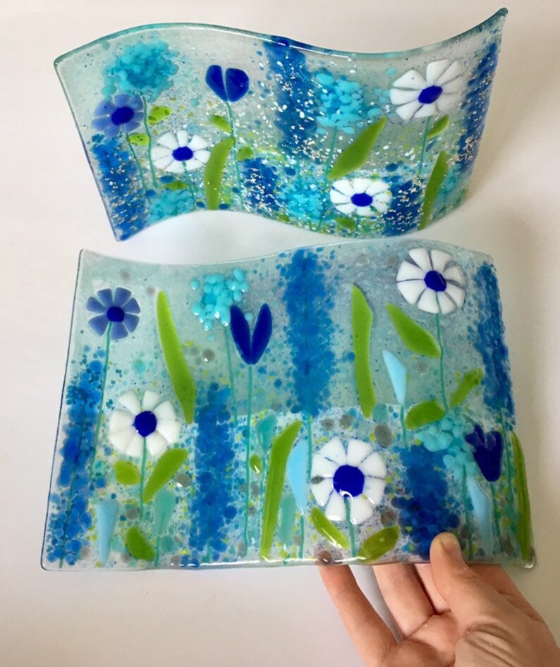 Fused Glass Art Beautiful Blues Fused Glass Flowers Etsy
