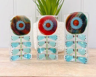 Fused Glass Art -  Wild Flower Candle Holders, Cornish Fused Glass, Fused Glass Cornwall