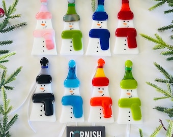 Fused glass snowman Christmas tree decoration, snowman decoration, Christmas decoration, Fused Glass Cornwall, Cornish fused glass