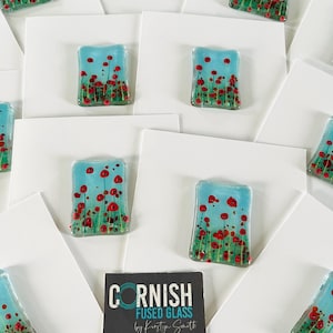 Fusing Glass mini Kunst - Grußkarte - Roter Mohn Blumenbild, kornisches Glas, Fused Glass Cornwall