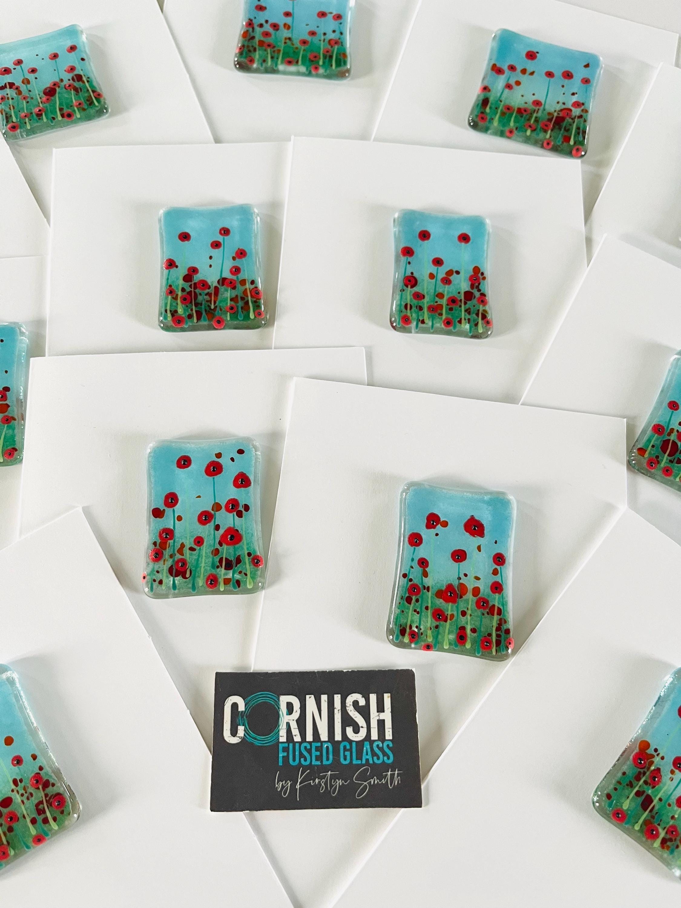 Fused Glass mini Art - Greetings Card - red poppy flowers picture, cornish fused glass, Fused Glass Cornwall