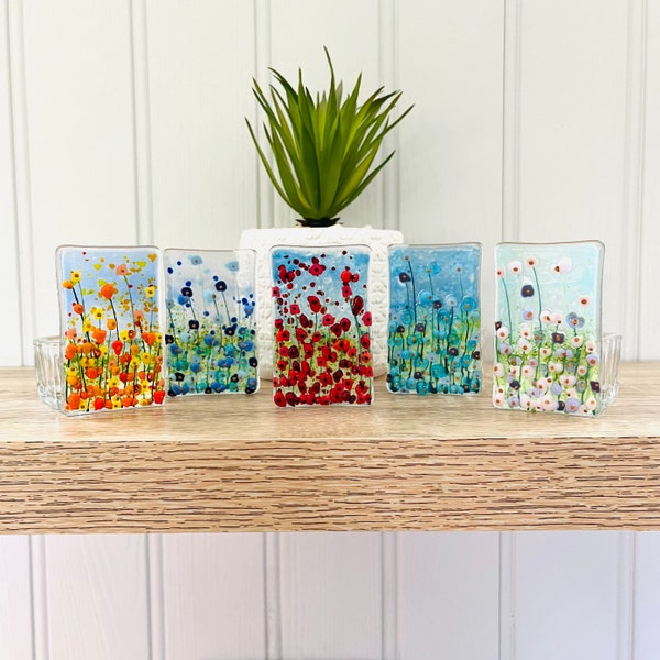 Fused Glass Art -  Wild Flower Candle Holders, Cornish Fused Glass, Fused Glass Cornwall